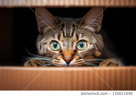Playful tabby cat with striking green eyes inside cardboard box 130021690