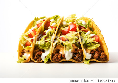 Delicious beef tacos with lettuce, tomato, and cheese 130021745
