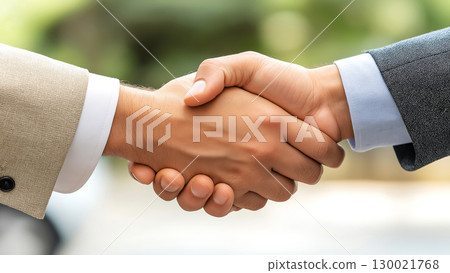 Closeup business handshake between two adult men in suits 130021768