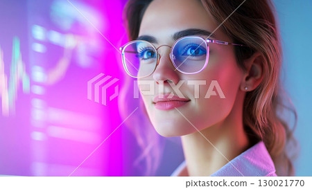 Young caucasian female professional in glasses analyzing data on screen with neon lights Young caucasian female professional in glasses analyzing data on screen with neon lights 130021770