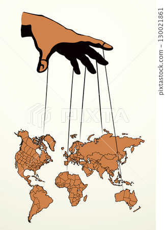 Man hand with a World map. Continents with contours of countries. Vector drawing 130021861