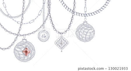 New Year tree decorations made of silver chains and graceful curved chains. Isolated watercolor illustration for design of printing for Christmas sales, jewelry stores, postcard printing. 130021933