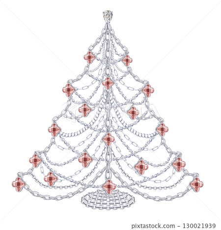 New Year tree made of different silver chains and pendants with sultanite. Isolated watercolor illustration for printing design for Christmas sales, jewelry stores, postcard printing, interior design. New Year tree made of different silver chains and pendants with sultanite. Isolated watercolor illustration for printing design for Christmas sales, jewelry stores, postcard printing, interior design. 130021939