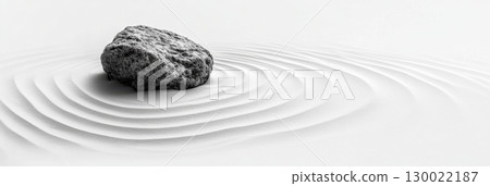 Calm zen garden stone surrounded by circular sand waves design 130022187