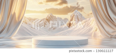 Minimal podium with golden light curtains and snowy mountain landscape at sunrise 130022227