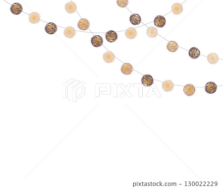 Lights thread ball garland corner frame for Birthday or Christmas decoration. Festive lighting string in Scandinavian style, isolated vector illustration. 130022229