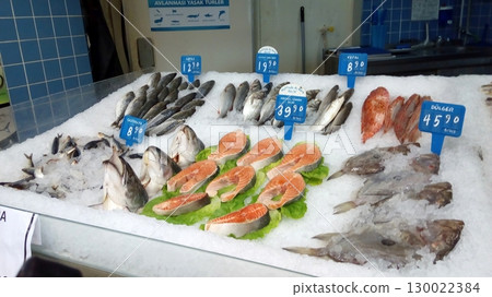 Fresh Salmon Steaks and Whole Fish on Ice at a Market with Blue Tiled Background 130022384