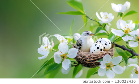 Sparrow nest with eggs on apple blossom branch in springtime 130022436