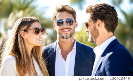 Three young adult people socializing outdoors in sunglasses 130022449