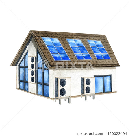 Country House Renewable Energy Sources. Solar battery, Inverter heat pump. PV panel on building watercolor isolated illustration. Alternative generator clean electric energy. Environmental protection 130022494
