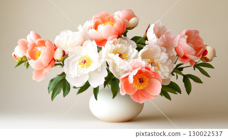 Elegant peony bouquet in white vase with pink and white blooms 130022537