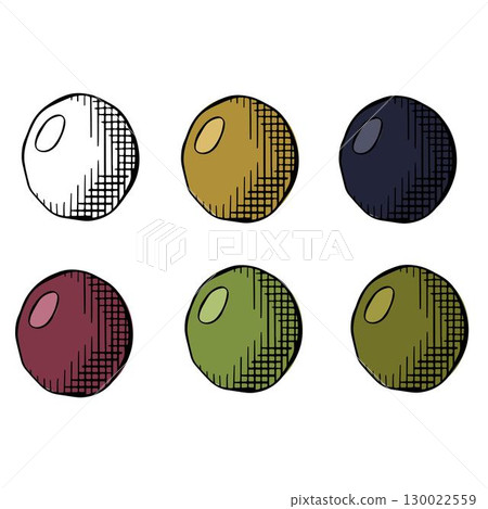 green and black olives Olive berry single isolated colored. Vector graphic line ink illustration. Sample poster, invitation, holiday banner, postcard. Design for package, cosmetic, textile, cards 130022559
