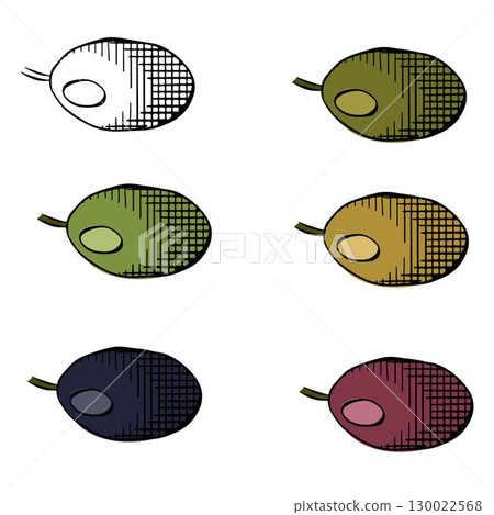 Olive berry single isolated colored. Vector graphic line ink illustration. Botanical natural elements for decoration, labels, design. Olives, leaves sketch set Greek art botanical sign. 130022568