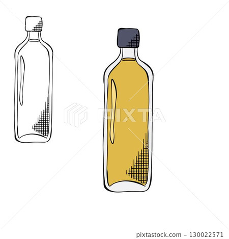 Olive oil green glass bottle Olive oil bottle isolated colored. Vector graphic line ink illustration. For poster, flyer, banner, invitation, social media, party or sale 130022571