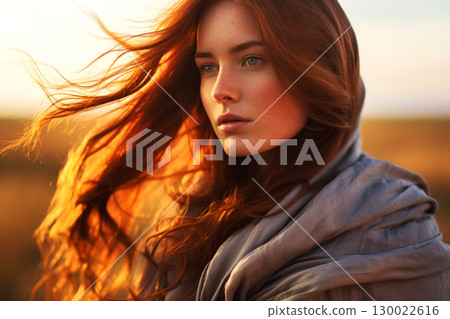 Young woman with red hair in sunset field 130022616