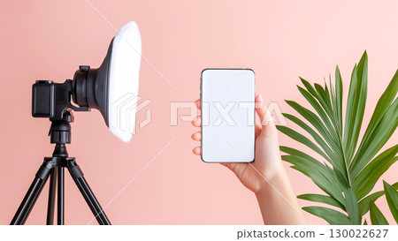 Hand holding smartphone with blank screen near camera and green leaf on pink background 130022627