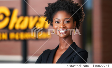 Confident African female woman young adult smiling in professional setting 130022761