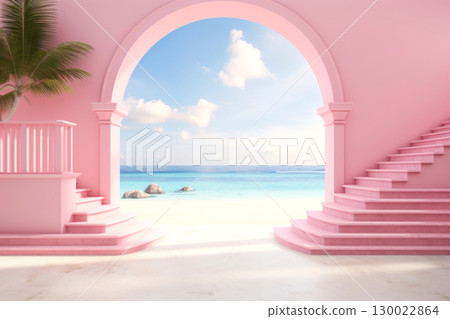 Serene pink archway overlooking tranquil beach and ocean backdrop 130022864
