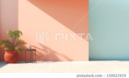 Minimalist patio with coral and aqua walls, potted plant, and table 130022919