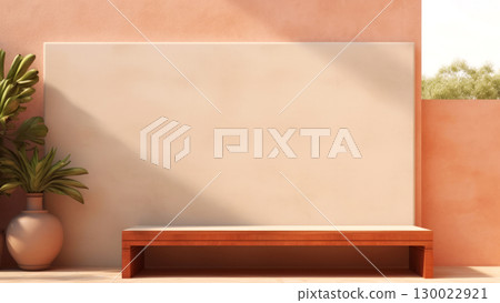 Minimalist outdoor patio with wooden bench and potted plant 130022921