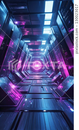 Futuristic neon corridor with purple and blue lights in a sci fi setting 130023017