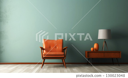 Mid century modern living room with orange chair and wooden furniture 130023048