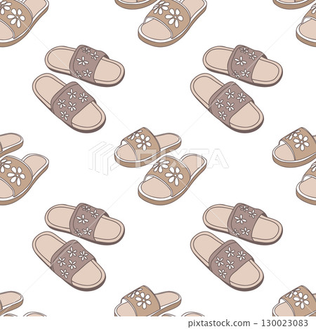 Cozy home slippers seamless repeating pattern. Seamless pattern with slippers on white background. Cozy home slippers seamless repeating pattern. Seamless pattern with slippers on white background. 130023083
