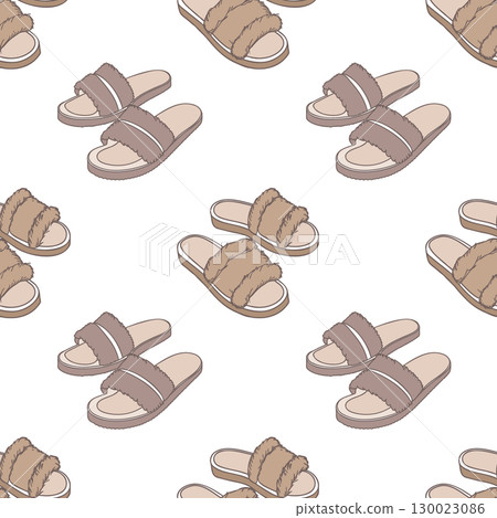 Cozy home slippers seamless repeating pattern. Seamless pattern with slippers on white background. 130023086
