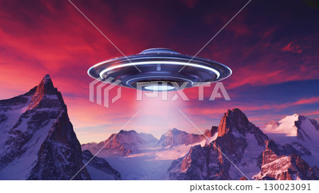 Futuristic ufo flying over snowy mountains at sunset 130023091