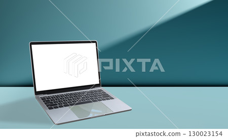 Modern laptop with blank white screen on teal background for digital marketing, website design, presentation, and tech product mockup 130023154