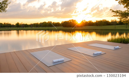 Sunset yoga setting peaceful lakeside mats and serene pastel clouds 130023194