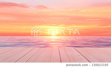Serene ocean sunset with vibrant sky and wooden deck 130023195