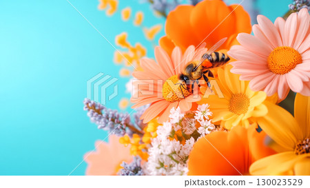 Bee on vibrant flower bouquet with daisies and blossoms against blue background 130023529