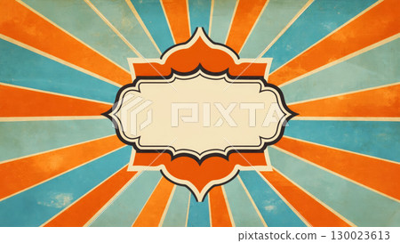 Retro vintage sunburst background with decorative blank banner in orange and blue 130023613