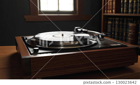 Vintage wooden turntable in cozy library with sunlit window 130023642