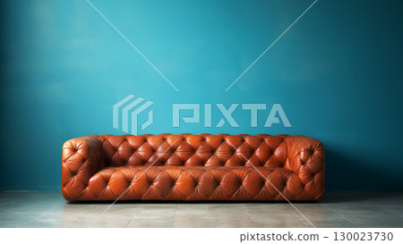 Elegant vintage leather sofa against vibrant blue wall 130023730