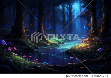 Enchanting nighttime forest stream illuminated by moonlight and glowing flowers 130023731