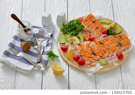grilled salmon fillet on circle wooden board 130023760