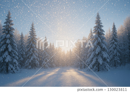 Snow-covered winter forest and morning sun shining through 130023811