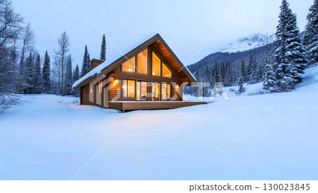 Cozy wooden cabin in snowy mountain landscape with pine trees at dusk 130023845