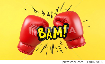 Red boxing gloves punching with bam sound effect on yellow background 130023846