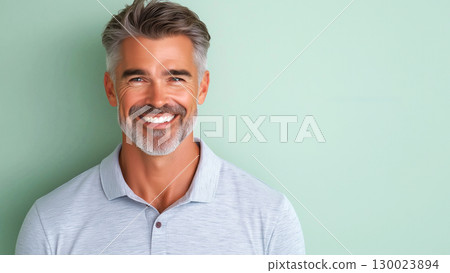 Smiling mature caucasian male man with gray hair against pastel green background with copy space 130023894
