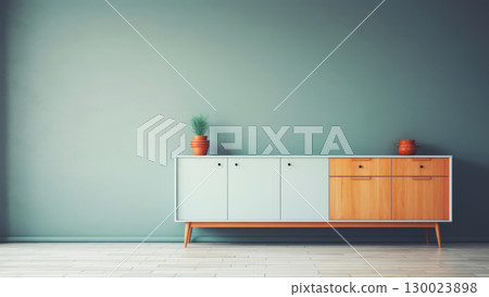 Modern wooden sideboard with plants against minimalist green wall 130023898