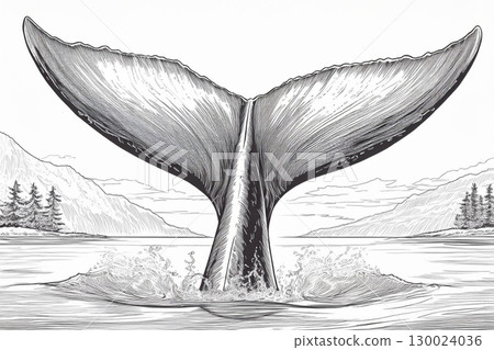 Whale Tail Breaching in Tranquil Waters Surrounded by Mountains and Trees. Generative AI Whale Tail Breaching in Tranquil Waters Surrounded by Mountains and Trees. Generative AI 130024036