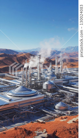 Industrial complex in desert landscape with smoking chimneys under clear blue sky 130024083
