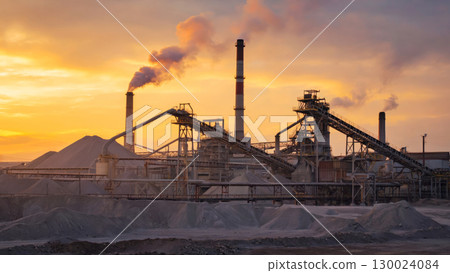 Industrial plant at sunset with smokestacks and conveyor belts 130024084