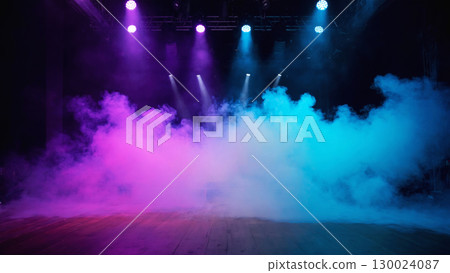 Colorful stage lighting with purple and blue smoke effects at concert 130024087