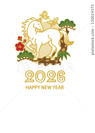 2026 Year of the Horse New Year's Card Template - White Horse and Butterfly, Pine Tree and Plum Blossom Circular Decoration 2026 Year of the Horse New Year's Card Template - White Horse and Butterfly, Pine Tree and Plum Blossom Circular Decoration 130024373