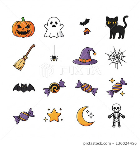 Halloween and jack-o-lantern and cute hand drawn icon set 130024456