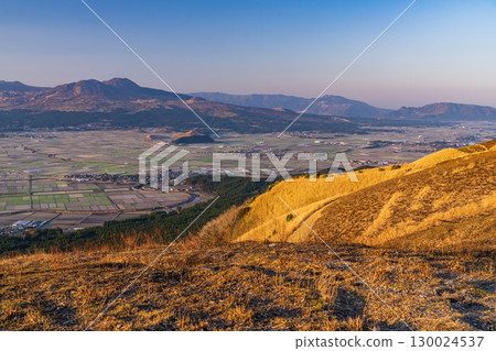 Kumamoto Prefecture: View of Aso Daikanbo and Aso Valley at dawn 130024537